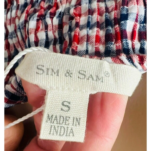 SIM & SAM Puff Sleeve Gingham Crop Top S Smock back Cowgirl Cottagecore Patriot - Picture 7 of 9